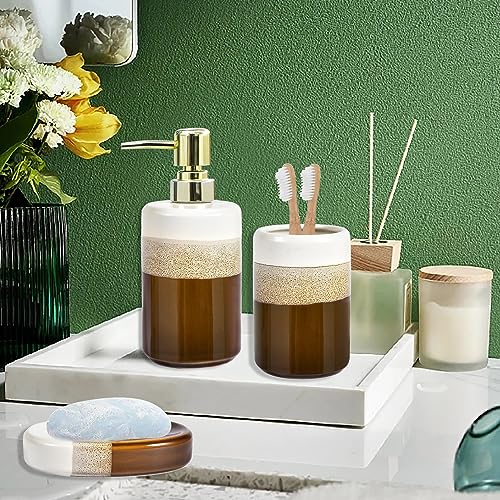 Bathroom Accessories Set of 3, Natural Reactive Glaze Ceramic Bathroom Sets Complete-Toothbrush Holders, Soap Dispenser, Soap Dish, Luxury Bathroom Decor, Bathroom Countertop Organizer, Brown Gold - size: BrownWhite3pcs