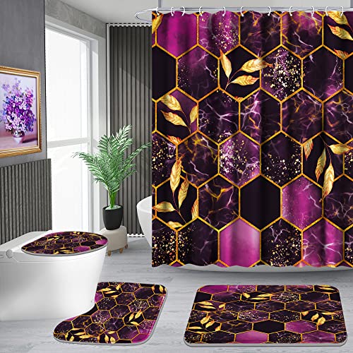 Poedist 4 Pcs Bathroom Shower Curtain Set,Purple Honeycomb Marble Bathroom Sets with Rugs(Bath Mat,U Shape and Toilet Lid Cover Mat) and 12 Durable Hooks - color: Purple