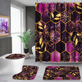 Poedist 4 Pcs Bathroom Shower Curtain Set,Purple Honeycomb Marble Bathroom Sets with Rugs(Bath Mat,U Shape and Toilet Lid Cover Mat) and 12 Durable Hooks - color: Purple