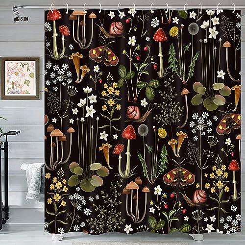 Retro Mushroom Shower Curtain for Bathroom, Fairy Forest Flowers Plants on Black Background Bath Curtains, Vintage Botanical Fabric Shower Curtain Sets with Hooks 60 x 72 - color: Red Black, size: 60"W x 72"L (Pack of 1)