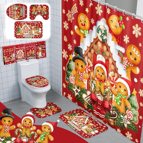 FuWeave 8 Pcs Christmas Shower Curtain Set Xmas Santa Bathroom Decoration Christmas Tree Hand Towels Snowman Toilet Lid Cover Bathroom Rugs Xmas Shower Curtain with Hooks(Gingerbread Man) - color: Gingerbread Man