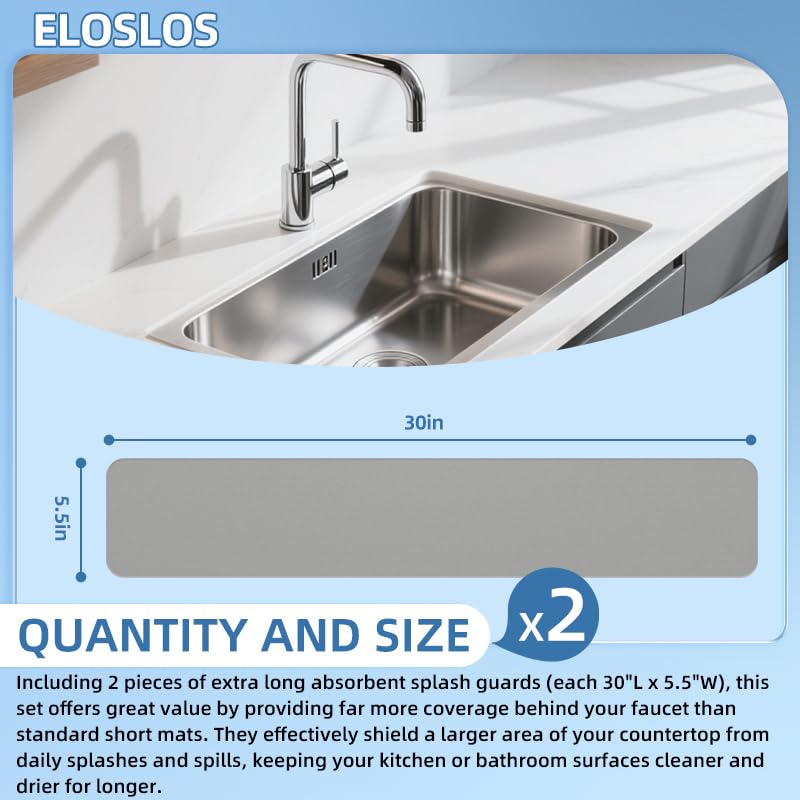 2Pcs 30" L x 5.5" W Customizable Sink Faucet Mat for Kitchen Sink 2 Holes & 3 Holes, DIY Cut for Oval/Rectangle/Square Faucets, Extra Long Quick-Drying Absorbent Splash Guard Counter Protector, Gray - style: 2 Pcs Gray