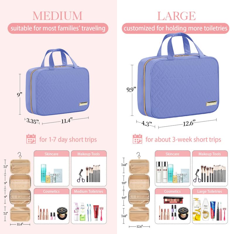 HOTOR Travel Toiletry Bag - Hanging Toiletry Bag for Women & Men, Makeup Bag/Big Comparment, Waterproof for Travel Accessories, Travel Essentials, Medium, Aegean-Blue - color: Aegean-Blue, size: Medium