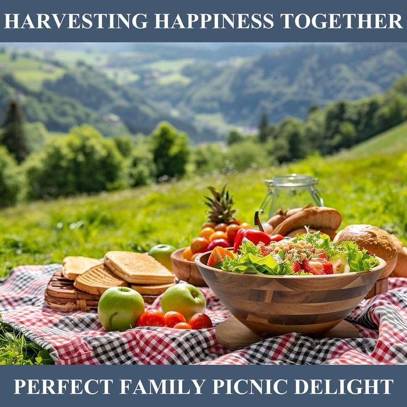 Premium Acacia Wood Salad Bowl Set – 12.5” Large Wooden Serving Bowl with Servers & Base Plate, 5-Piece Set