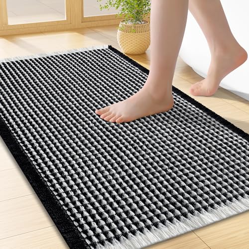 Smiry Waffle Bath Mat 24x16, Extra Soft Absorbent Bathroom Rugs, Non Slip Machine Washable Quick Dry Bath Rugs for Bathroom Floor, Tub, Shower, Home Decor Accessories, Black & Cream - color: Black & Cream, size: 24'' X 16''