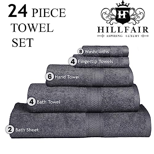 Hillfair 24 Piece Bath Towel Set - 100% Cotton - 2 XXL, 4 Bath, 6 Hand, 4 Fingertip, 8 Washcloths: Platinum - color: Platinum, size: 24 PC Bath Towel Family Set