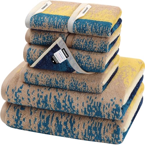 8-Piece Cotton Bath Towel Set for Bathroom, Hanging Loops, Coastal Ombre | Complete starter set for daily showers, sink-side use, small bathrooms, and guest baths, OEKO-TEX certified, easy care - color: C02: Colorful - Beach