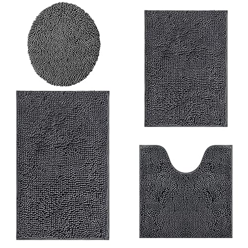 Bathroom Rugs Sets 4 Piece, Extra Soft Absorbent Chenille Bath Rugs, Non Slip Rubber Backing Machine Washable Quick Dry Bath Mats for Bathroom Floor, Tub, Shower, Home Decor Accessories, Deep Grey - color: Dark Gray