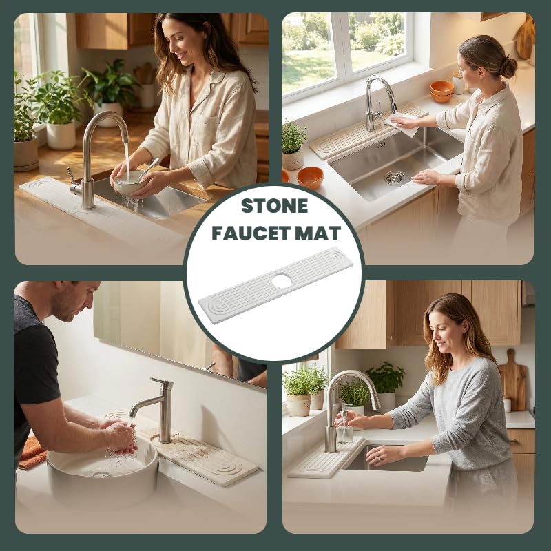 Stone Faucet Mat for Kitchen Sink, Diatomite Absorbent Stone Drying Mat for Bathroom Counter Quick Drying, Sink Splash Guard For Avoid wet Buildup Sink (White, 23.6" x 3.9")