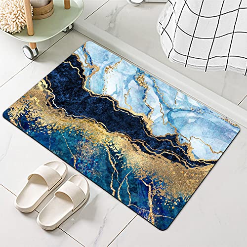 Diatomaceous Earth Bath Mat,Blue White Black and Gold Marble Non-Slip Volume Super Absorbent Fast Drying for Bathroom Kitchen Door mat,Eco-Friendly Easy to Clean 20×31Inch (50 * 80cm) - color: Blue White Black and Gold Marble, size: 1'8" x 2'8" (Rectangul