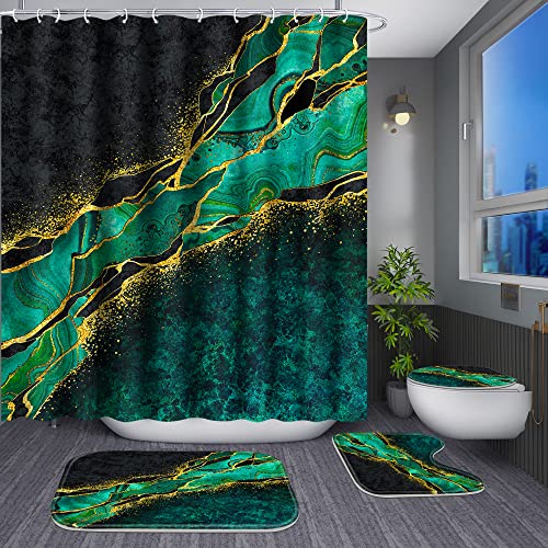 Poedist 4 Pcs Gold Edge Marble Bathroom Shower Curtain Set, Bathroom Sets with Shower Curtain and Rugs(Bath Mat,U Shape and Toilet Lid Cover Mat) and 12 Hooks-Green - color: Green Yellow