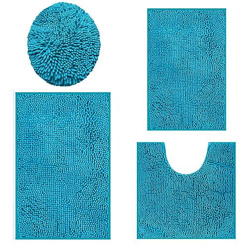 Bathroom Rugs Sets 4 Piece, Extra Soft Absorbent Chenille Bath Rugs, Non Slip Rubber Backing Machine Washable Quick Dry Bath Mats for Bathroom Floor, Tub, Shower, Home Decor Accessories, Teal Blue - color: Lake Blue