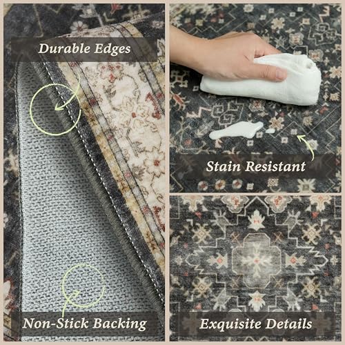 Black Boho Kitchen Rugs Set of 3, Non-Slip Machine Washable Kitchen Floor Mats, Low-Pile Runner Rug for Sink, Entryway, Bathroom, Laundry Room, Bedroom, Vintage Farmhouse Design - color: Ashen / Multi