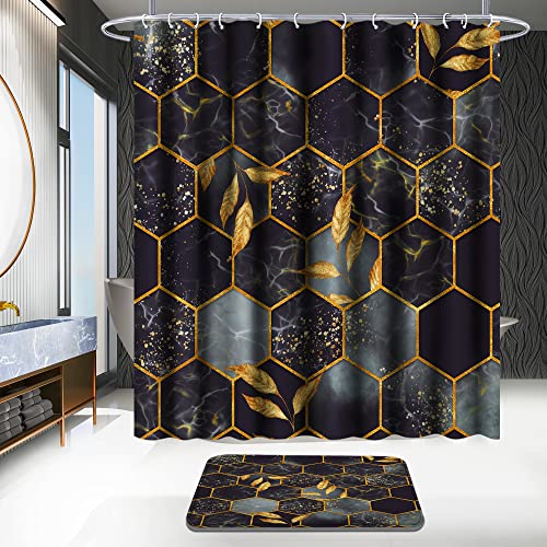 Poedist 4 Pcs Bathroom Shower Curtain Set,Bathroom Sets with Rugs(Bath Mat,U Shape and Toilet Lid Cover Mat) and 12 Hooks,Honeycomb Marble Grey Black - color: Black Grey