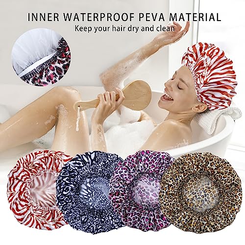 4 PCS Shower Caps for Women, Elastic and Reusable Bath Caps, Double Waterproof Layers Shower Cap, Bathing Shower Caps, Environmental Protection Hair Bath Hat - Printed Color - color: Printed Color 4 PCS/Set