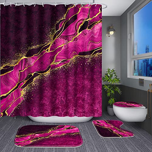 Poedist 4 Pcs Gold Edge Marble Bathroom Shower Curtain Set, Bathroom Sets with Shower Curtain and Rugs(Bath Mat,U Shape and Toilet Lid Cover Mat) and 12 Hooks-Rosy - color: Red Rose