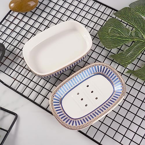 Self Draining Soap Dish, Double-Layer Bar Soap Tray, White Ceramic Soap Dish with Elegant Patterns (Style A) - color: Style a