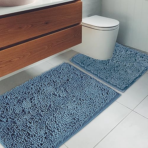 Bathroom Rugs Chenille Bath mat 2 Piece Set, Super Absorbent, Strong PVC Non Slip Backing, Bath mats for Bathroom, Plush Shaggy, Thick, Machine Washable, Bathtub, Toilet .(Medium Blue) - color: Medium Blue, size: 20''×20''U-Shape+20''×32''