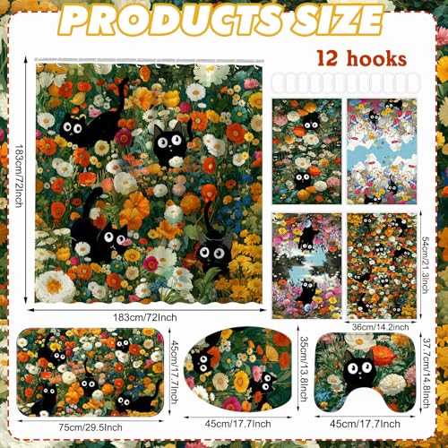 Tatuo 8 Pcs Black Cat Themed Shower Curtain Sets for Bathroom Cute Floral Aesthetic Bathroom Accessories Retro Cat Lover Gifts Shower Curtain Sets with Towels Carpet Bath Mat Toilet Rugs and 12 Hooks - style: Black Cat