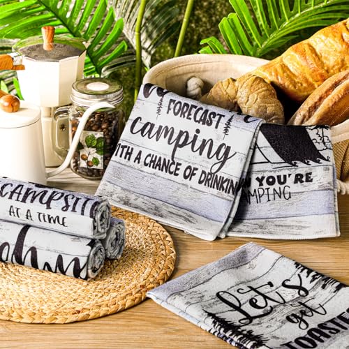 Boyiee Set of 6 Camping Kitchen Towels Happy Camper Tea Towels Absorbent Farmhouse Dish Towels with Funny Sayings 24 x 16 Inches Camping Hand Towels for RV Campers Lovers Gifts Accessories Decorations - color: Rustic