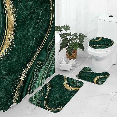Gibelle 4 Pcs Luxury Marble Shower Curtain Set with Non-Slip Rugs, Toilet Lid Cover and Bath Mat, Gold Foil Emerald Green Bathroom Decor Set with Shower Curtain and Rugs and Accessories - color: Emerald Green