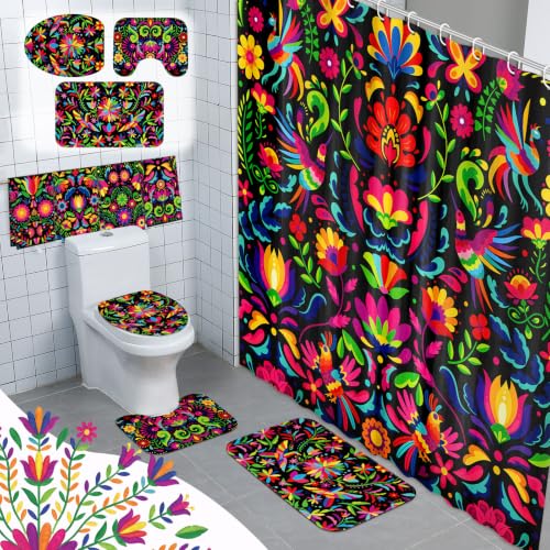 FuWeave 8 Pcs Mexico Floral Shower Curtain Set for Bathroom Decor Include Mexican Folk Art Floral Bird Shower Curtain Towels Non Slip Rugs Toilet Lid Cover Colorful Bohemian Bath Mat and 12 Hooks - color: Mexico Floral