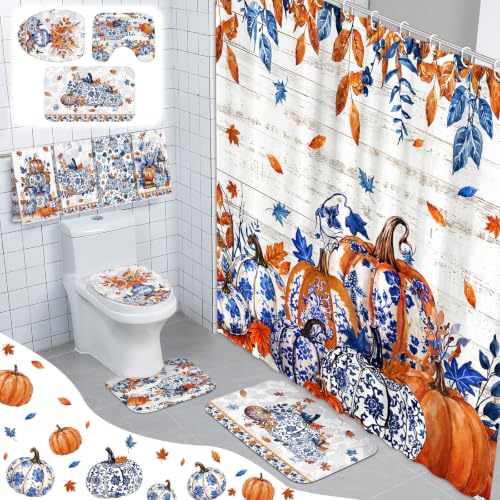 FuWeave 8 Pcs Fall Pumpkin Shower Curtain Set for Bathroom Decor Include Blue and White Chinoiserie Autumn Shower Curtain Harvest Floral Towels Non Slip Rugs Toilet Lid Cover Bath Mat and 12 Hooks - color: Fall Pumpkin