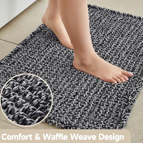 TYUU Black and White Bathroom Rugs, Waffle Bath Mat Non Slip Washable Super Absorbent Quick Dry Boho Farmhouse Bathroom Decor, 30"x20" Black and White - color: Black & White, size: 1'8" X 2'6" (Rectangular)