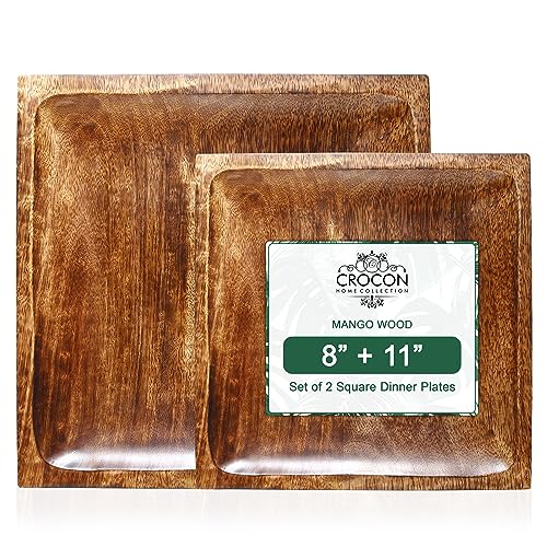 Crocon Square Wood Plates Set of 2, Wooden Dinner Plates Set, 8 Inch & 11 Inch Wood Serving Tray Wooden Plates for Fruit Salad Snacks, Dish Platter Charcuterie Boards, Wood Charger Plates - color: Square Plates - Set of 2 - 8" with 11"