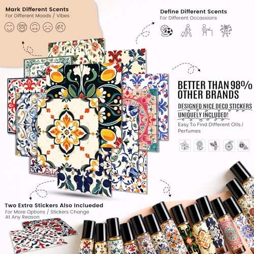 Roll On Bottles 14 Pack Glass Roller Bottles for Essential Oils 10ml Amber | Empty Rollerball Bottle Thick Glass with Oil Perfume Lip Gloss DIY Kits Boho Stickers, Leak-Proof Refillable for Travel Gift - color: Amber, size: 14 Pack