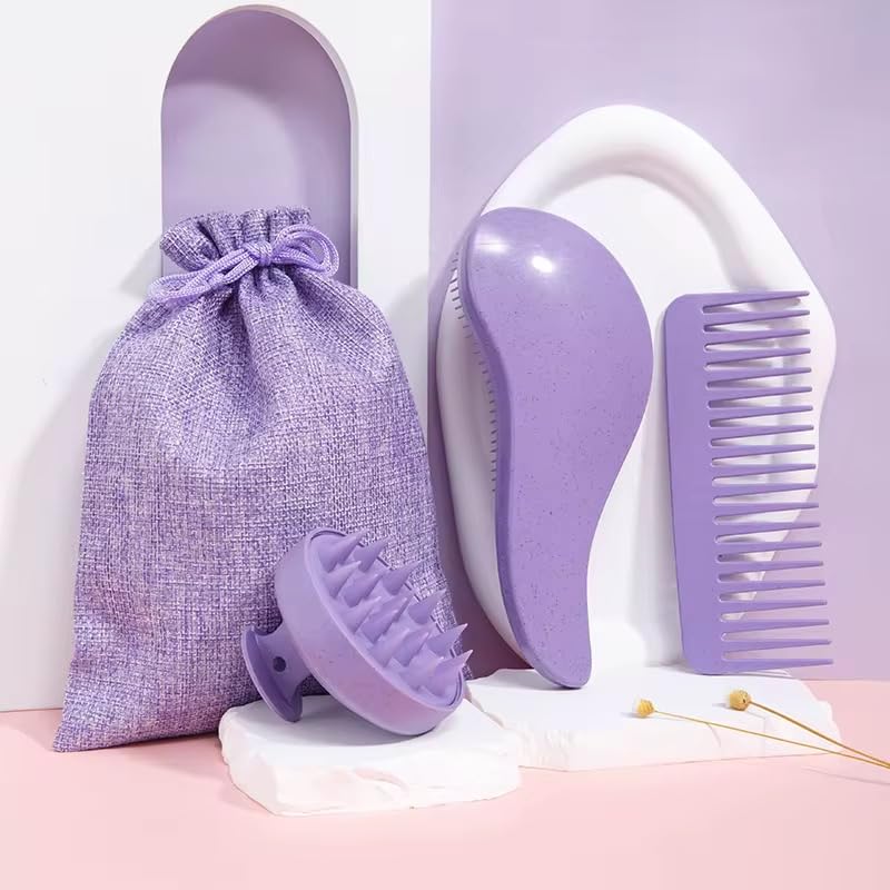 3-in-1 Hair Care Set – Detangling Brush, Wide Tooth Comb & Scalp Massager Brush | Relieve Stress, Stimulates Scalp & Promotes Healthy Hair Growth(Purple) - color: Purple