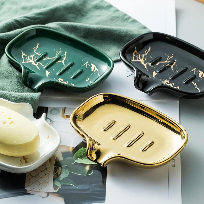Multi-Color Ceramic Soap Dish for Kitchen or Bathroom, Easy to Clean, Self Draining Soap Holder, Keeps Soap Dry (Gold) - color: Gold
