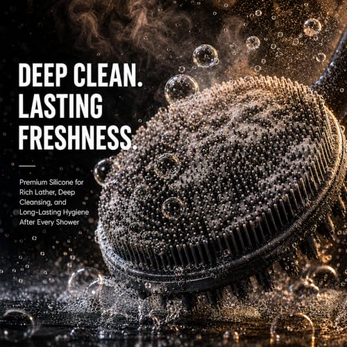 Silicone Back Scrubber for Shower, 17" Lengthen Long Handle Body Brush, Double Sided Shower Brush for Shower Exfoliating and Massage, Can Produce Rich Foam, Non Slip Grip Back Scrubber for Men - color: Black