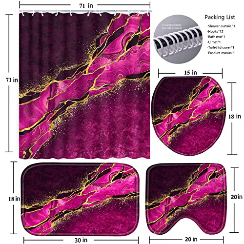 Poedist 4 Pcs Gold Edge Marble Bathroom Shower Curtain Set, Bathroom Sets with Shower Curtain and Rugs(Bath Mat,U Shape and Toilet Lid Cover Mat) and 12 Hooks-Rosy - color: Red Rose