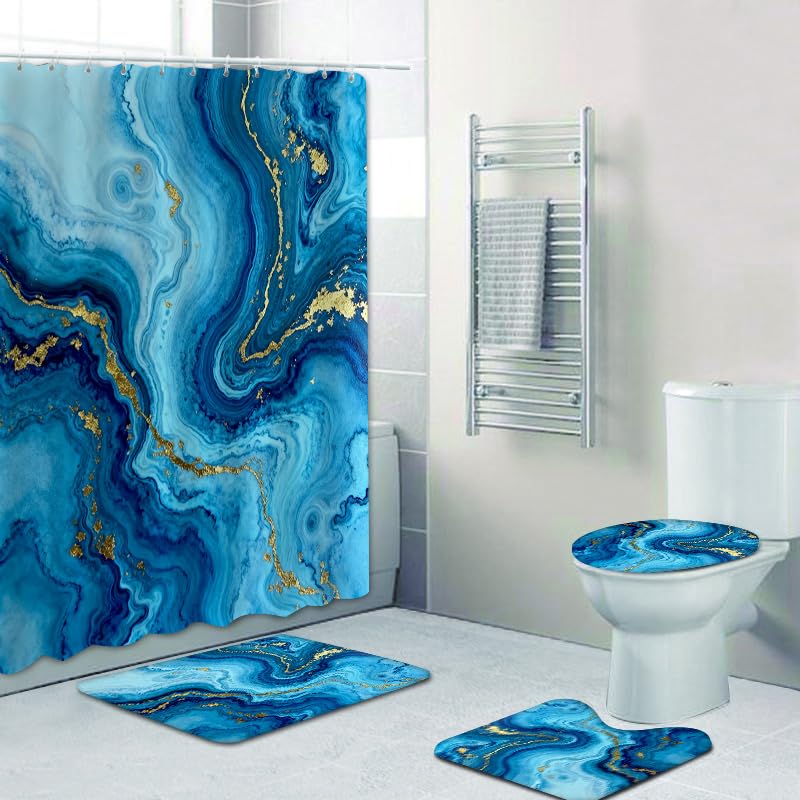 Marble Bathroom Sets with Rugs for Bathroom Decor, 72x72 Inches Gold Shower Curtain with Non-Slip Rugs and Accessories, Waterproof Machine Washable Bath (Curtain Set- Bule Gold Marble) - color: Curtain Set- Bule Gold Marble