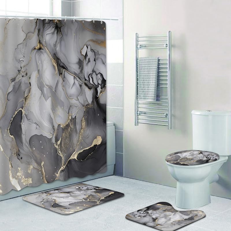 Marble Bathroom Sets with Rugs for Bathroom Decor, 72x72 Inches Gold Shower Curtain with Non-Slip Rugs and Accessories, Waterproof Machine Washable Bath (Curtain Set-Gary Gold Marble) - color: Curtain Set-gary Gold Marble