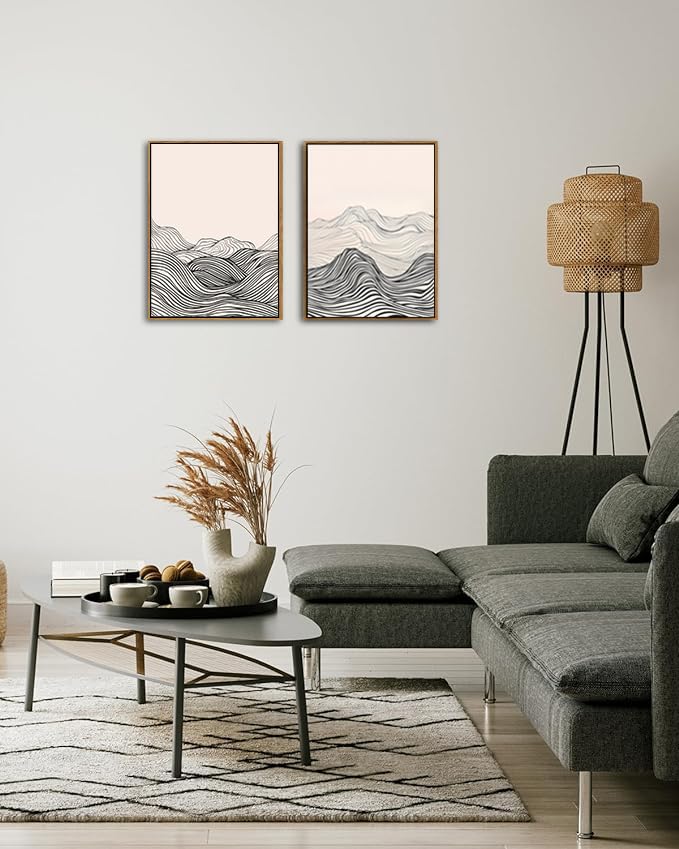 ARTZIO Framed Canvas Wall Art–Minimalist Japanese Abstract Wave Line Art in Black & White,Ready to Hang,Vintage Retro Decor for Living Room Bedroom Bathroom Office–12×16″ - color: 2-PCS-1, size: 12"x16"