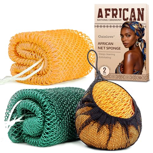 2 Pack African Net Sponge Exfoliating Body Scrubber Bath Sponge for Daily Use (Yellow + Dark Green) - color: Yellow + Dark Green