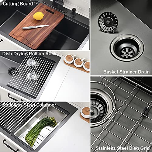 33 Inch Black Drop In Kitchen Sink Workstation - VOKIM 33x22-Inch Drop In Sink Stainless Steel Top Mount 16 Gauge Single Bowl 10'' Deep Handmade Kitchen sink with Cutting Board& Strainer - color: Black, size: 33"L x 22"W x 10"D