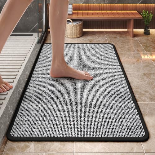 Non Slip Bathroom Rugs Washable, Rubber Backing Bath Mat, Absorbent Quick Dry Floor Mats for Bathroom, Outside Shower and Sink, Thin Bath Rugs Fits Under Door, 24”x35”, Black - color: Black, size: 24"x35"
