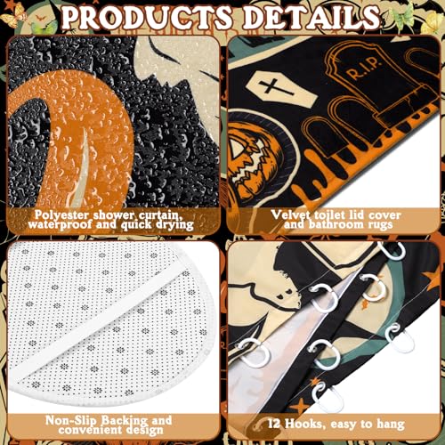 FuWeave 8 Pcs Halloween Shower Curtain Set for Bathroom Include Vintage Ghost Pumpkin Bat Cat Towels Non Slip Skull Rugs Toilet Lid Cover Spider Web Bath Mat and 12 Hooks for Halloween Bathroom Decor - color: Ghost Pumpkin