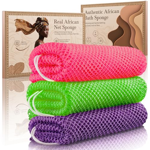 African Net Sponge Authentic 3 Pieces Gentle Exfoliating Body Scrubber Bath Sponges for All Skin Types, African Exfoliating Net Sponge with Handles Washcloth Loofah Bathing Accessories for Shower - style: Bright Green, Bright Pink, Purple