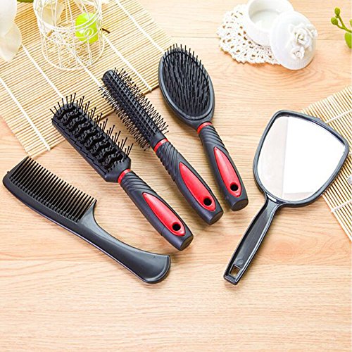 Set of 5 Hair Combs Set Professional Salon Hair Cutting Brushes Sets Salon Hairdressing Styling Tool Mirror And Holder Stand Set Dressing Comb Kits for - color: Red