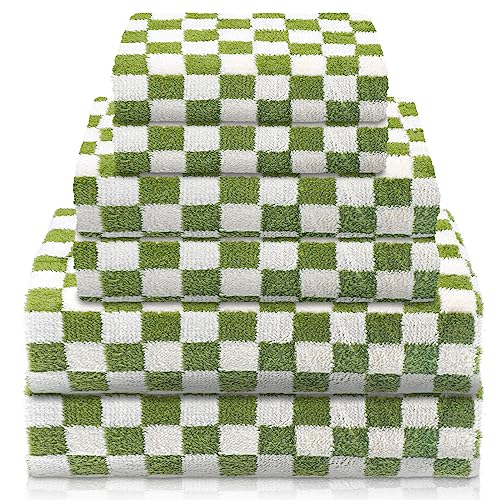 Kinlop 6 Pcs Checkered Bath Towels Set Back to School Lightweight Coral Washcloth Quick Dry Patterned Thin Coral Fleece Hand Towel for Bathroom Gym Spa Beach Accessory(Green,Checkered) - color: Green, style: Checkered