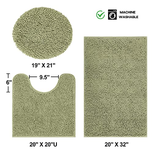 TREETONE Machine Washable Water Absorbent Bath Mat Bathroom Rugs Non Slip Soft Microfiber Mat (Set of 3-Medium 20" x 32"/Contour/Lid Cover, Sage Green) - color: Sage Green, size: Set of 3-Medium 20" x 30"/Contour/Lid Cover