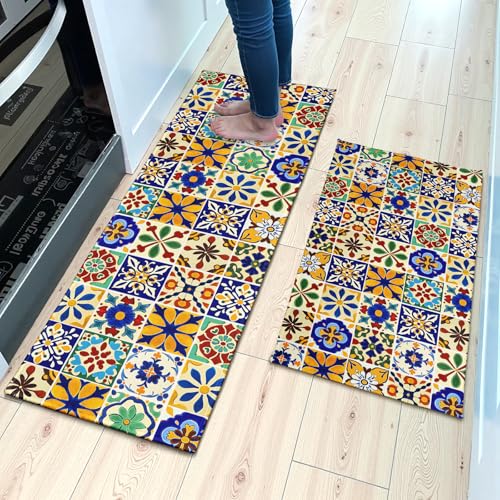 Colorful Rugs for Kitchen Floor 2 Pcs Boho Ceramic Washable Runner Rug Non Slip 17"x47"+17"x30", Mexican Tile Print Comfort Kitchen Floor Mat for Bathroom Laundry Office Decor - color: Colorful Ceramic
