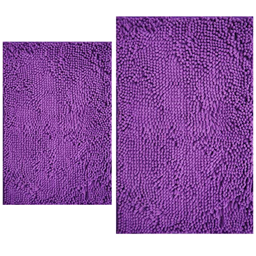 Bathroom Rugs Sets 2 Piece, Extra Soft Chenille Bath Mat Ultra Absorbent Bathroom Rug, Bathroom Mat with Sturdy PVC Non-Slip Bottom, Machine Washable Bath Rugs (20x32 Inch + 16x24 Inch, Purple) - color: Purple, size: 16" x 24" + 20" x 32" (Rectangular)