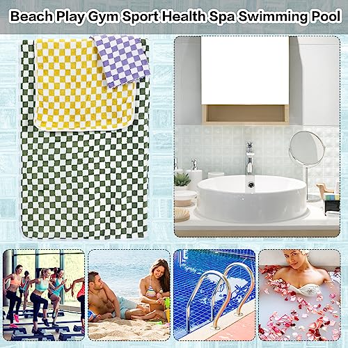 Kinlop 6 Pcs Checkered Bath Towels Set Back to School Lightweight Coral Washcloth Quick Dry Patterned Thin Coral Fleece Hand Towel for Bathroom Gym Spa Beach Accessory(Green, Yellow, Purple,Checkered) - color: Green, Yellow, Purple, style: Checkered