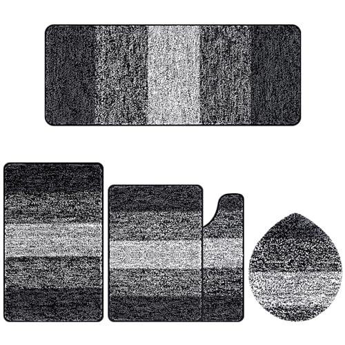 Bsmathom Bathroom Rugs Sets 5 Piece, Soft Absorbent Microfiber Bath Rugs with U-Shaped Contour Toilet Rug and Toilet Lid Cover, Thick Non-Slip Plush Shaggy Bath Mat Set,Black - color: Black, size: 18"x26"+20"x31"+20"x48"+U20"x24"+Cover19"x21"