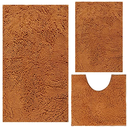 Bathroom Rugs Chenille 3-Piece Extra Soft and Absorbent Shag Bathroom Rugs, Machine Wash Mat, Strong PVC Non-Slip Underside, Plush Carpet Mats (Champagne) - color: Champagne, size: 2'8" x 1'8" (16x24"+20x32"+20x20"U shape）